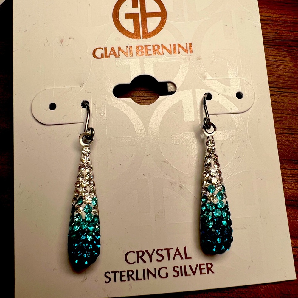 NWT Giani Bernini Crystal Sterling Silver Drop Earrings Blue Silver White Flashy